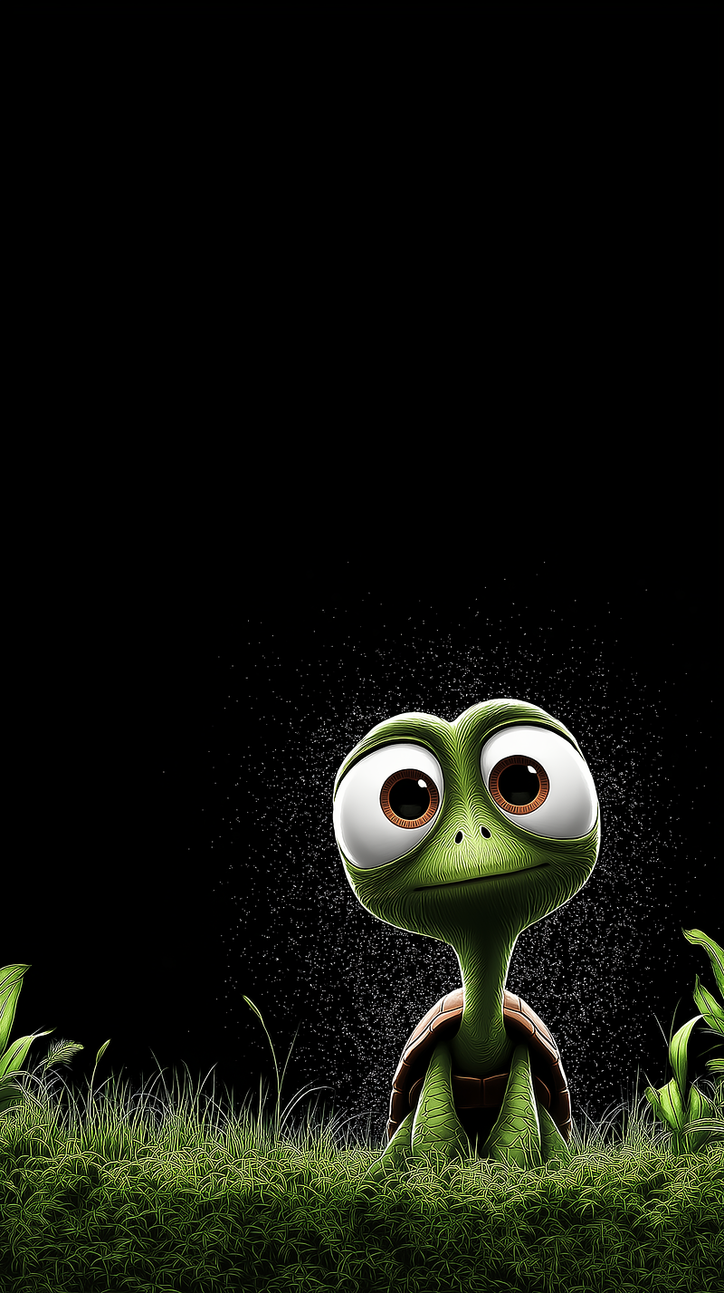 Cute Baby Turtle in Grass Android Wallpaper – Big Eyes Cartoon Turtle Nature Dark Background Wallpaper | Picmaze