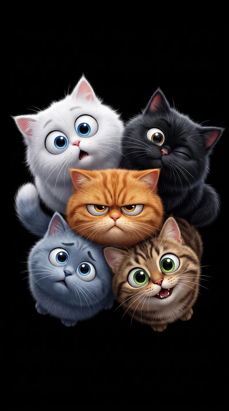 Cuddle Pile of Five Expressive Cartoon Kittens Wallpaper | Picmaze