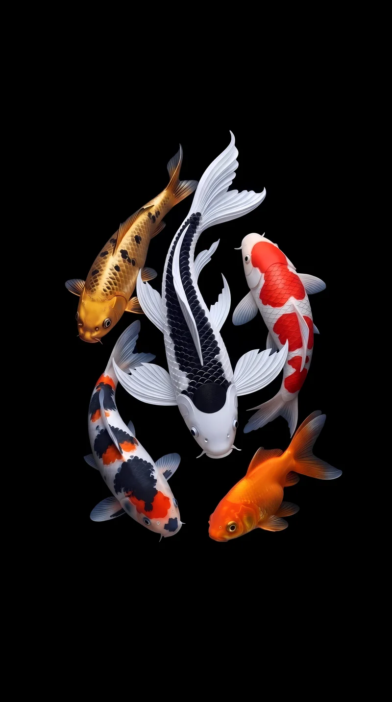 Five Vibrant Koi Fish Swimming in Deep Black Void Wallpaper | Picmaze