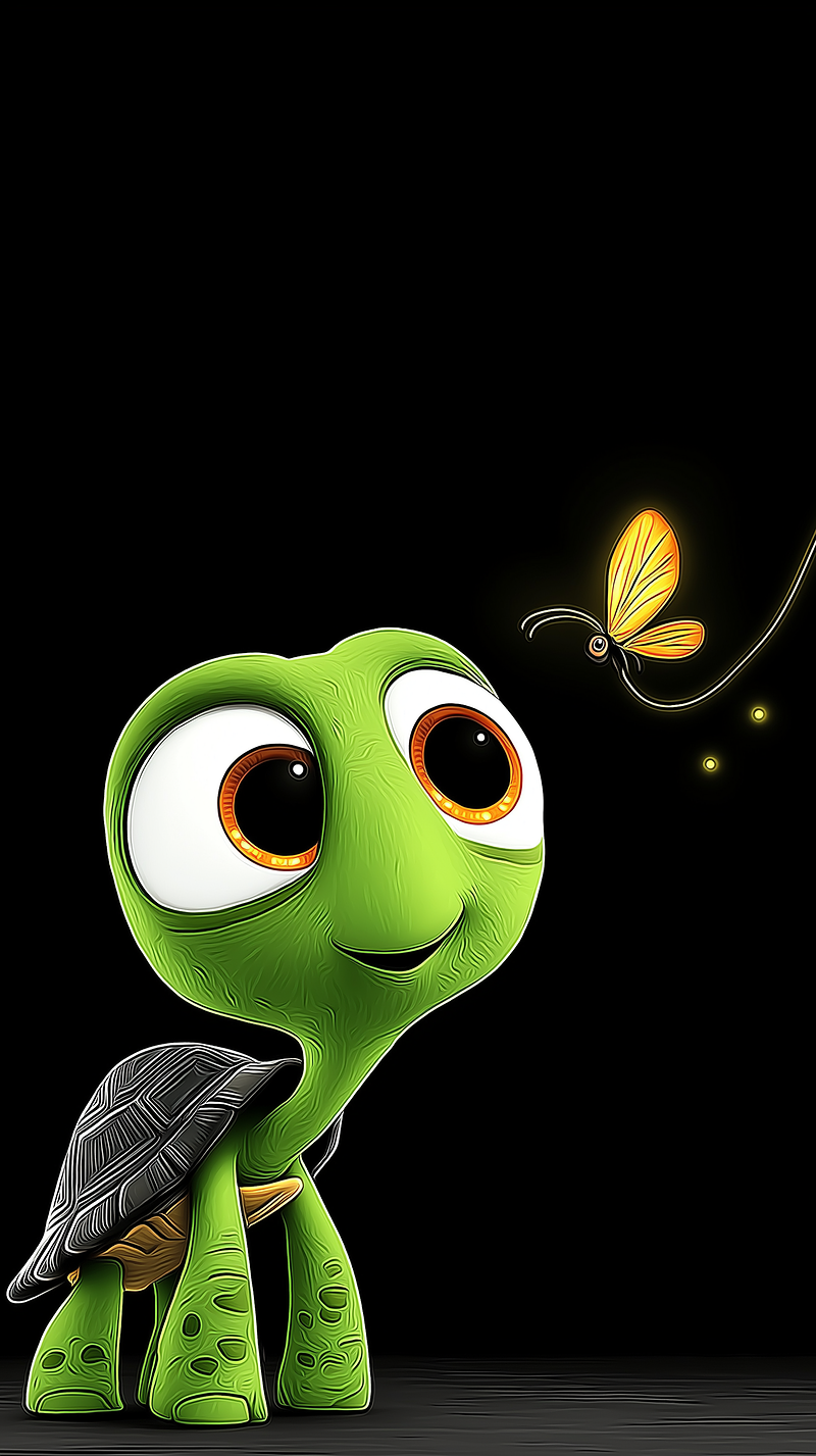 Cute Cartoon Turtle Close‑Up Android Wallpaper – Big Eyes Turtle with Glowing Butterfly Wallpaper | Picmaze