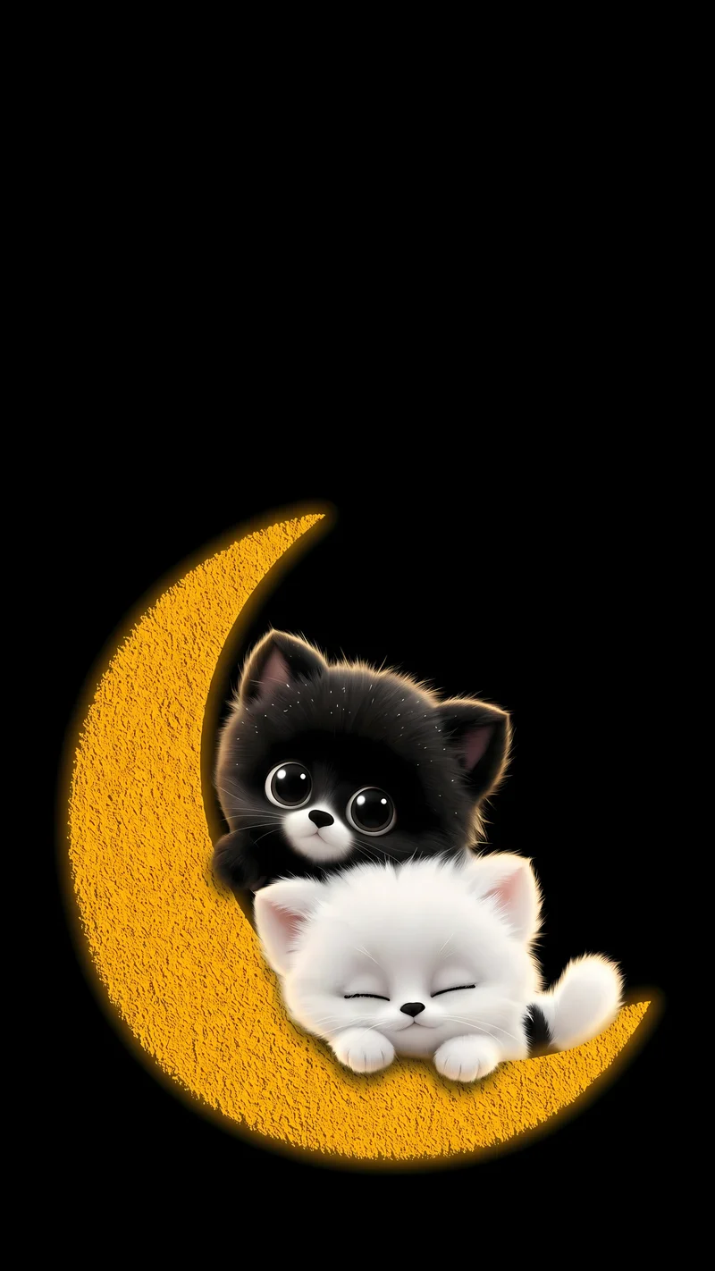 Black and White Kittens on Crescent Moon AMOLED Phone Wallpaper Wallpaper | Picmaze