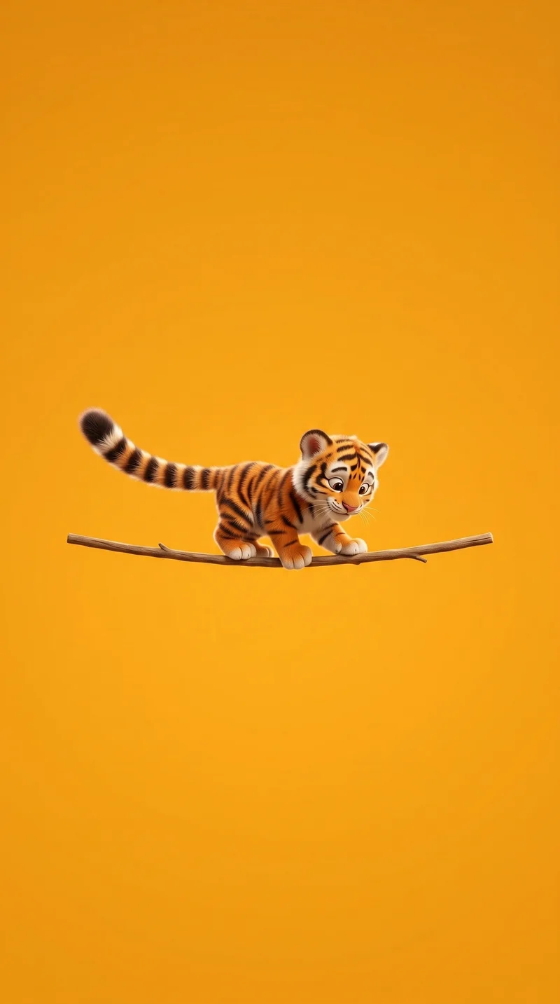 Playful Baby Tiger on Branch Minimal Orange Wallpaper - Cute Animal Wallpapers mobile Wallpaper | Picmaze