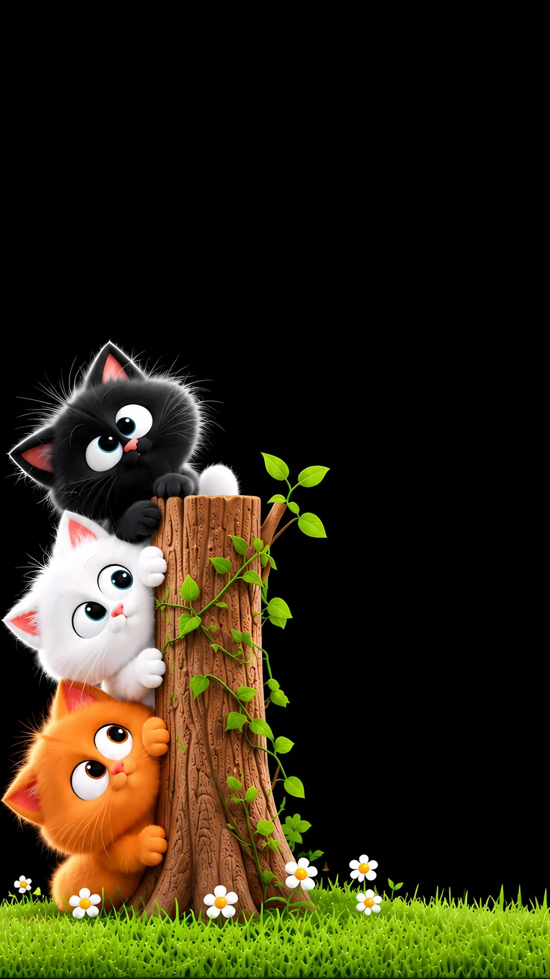 Three Cute Cartoon Cats Wooden Log AMOLED Phone Wallpaper Wallpaper | Picmaze