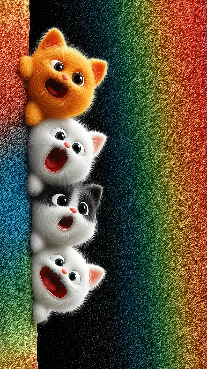 Cheerful Cartoon Kittens Peeking on Textured Rainbow Wall - Cat Wallpapers mobile Wallpaper | Picmaze