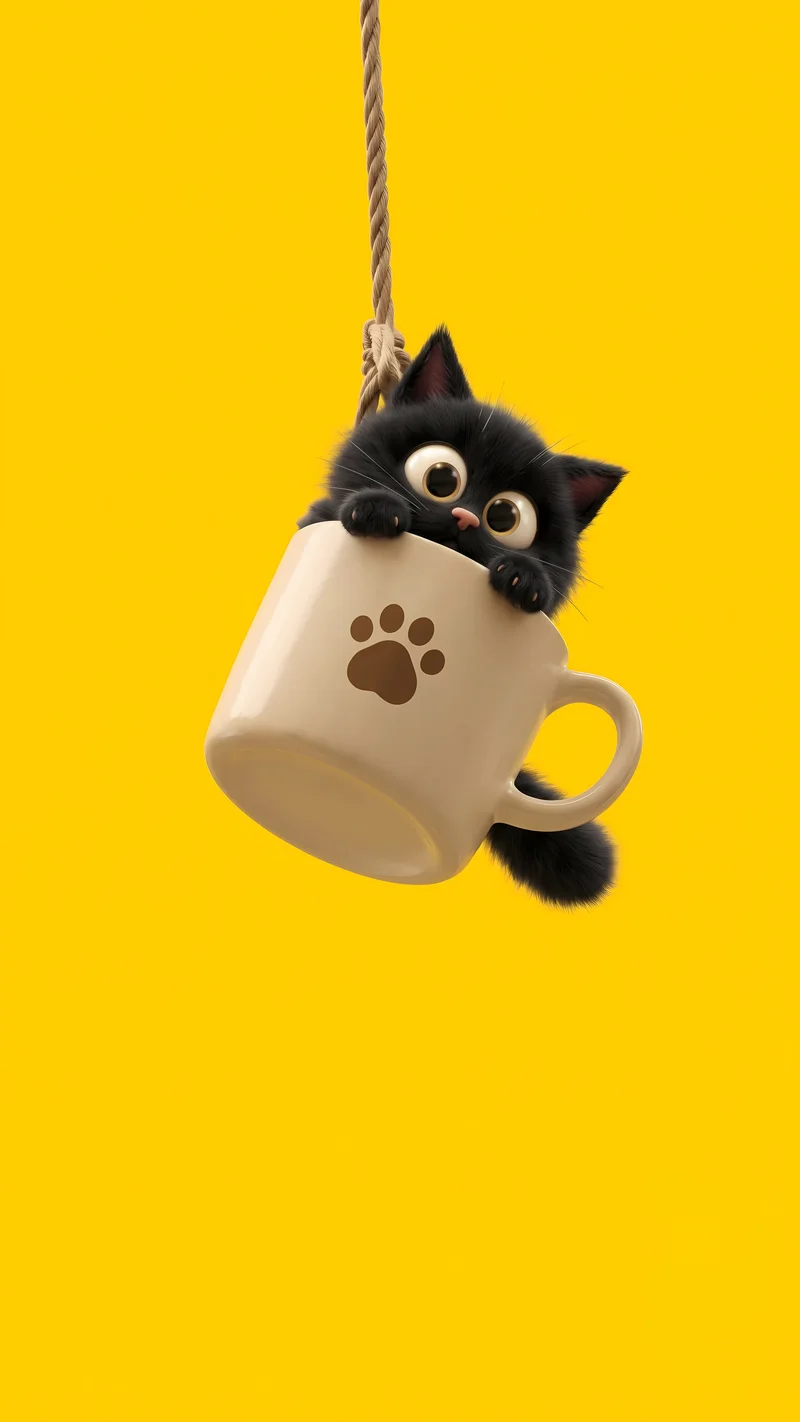 Black Cat in Coffee Mug Yellow Background 4K Phone Wallpaper Wallpaper | Picmaze