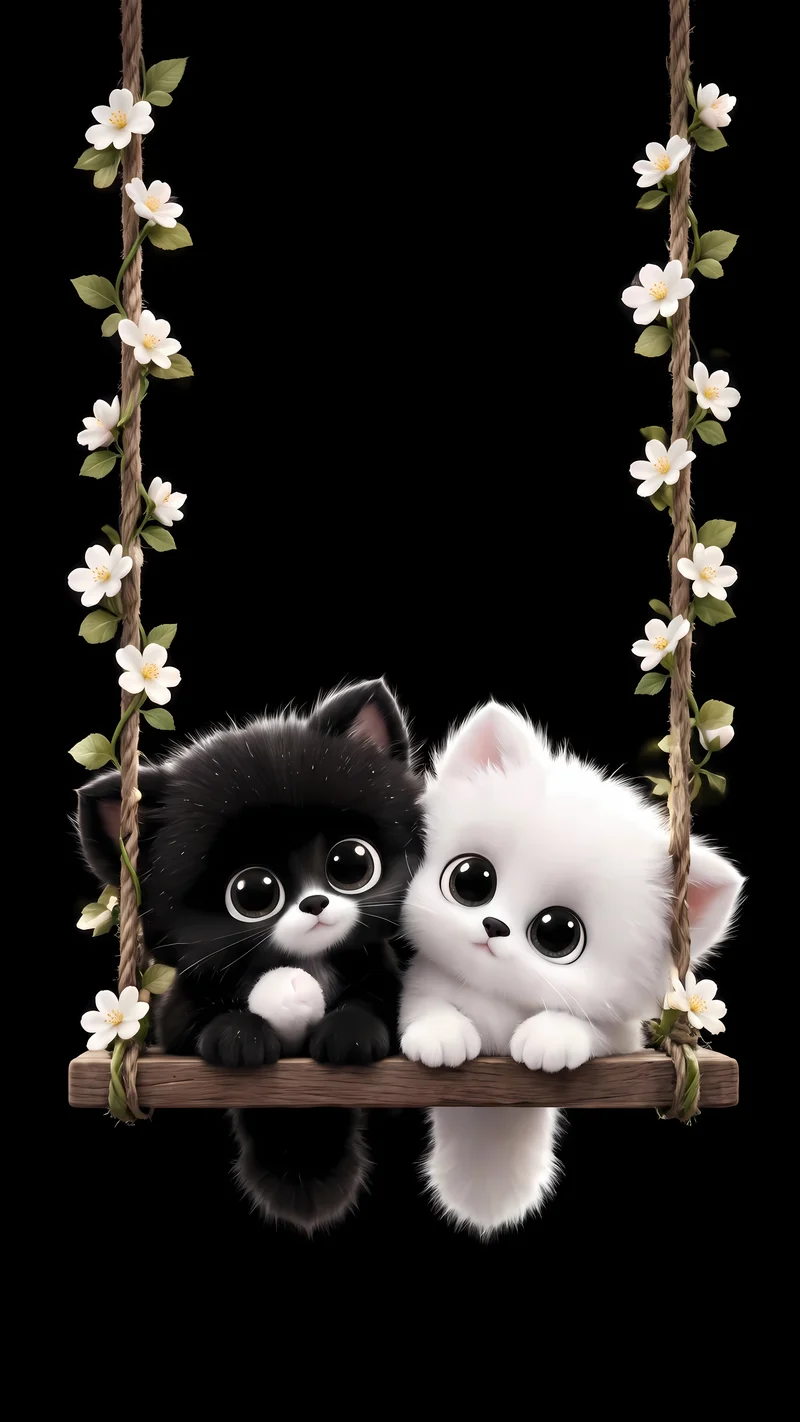 Fluffy Black White Kittens Swing AMOLED 4K Phone Wallpaper Wallpaper | Picmaze