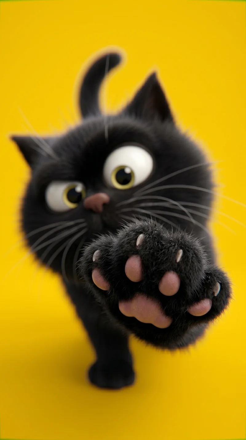 Playful Black Cat Paw Close-Up on Yellow Background Wallpaper | Picmaze