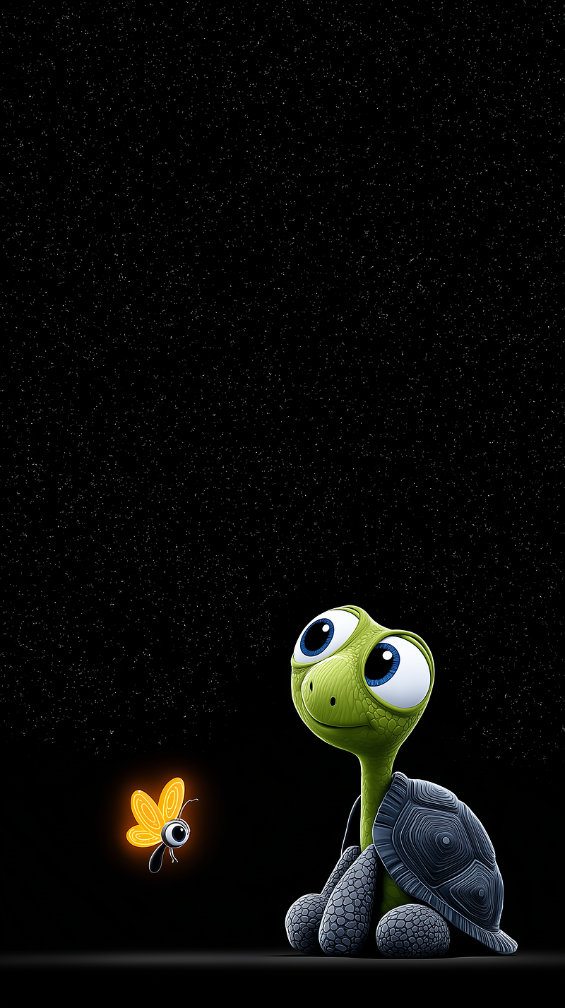Cute Baby Turtle Android Wallpaper – Small Turtle with Firefly Minimal Dark Background Wallpaper | Picmaze