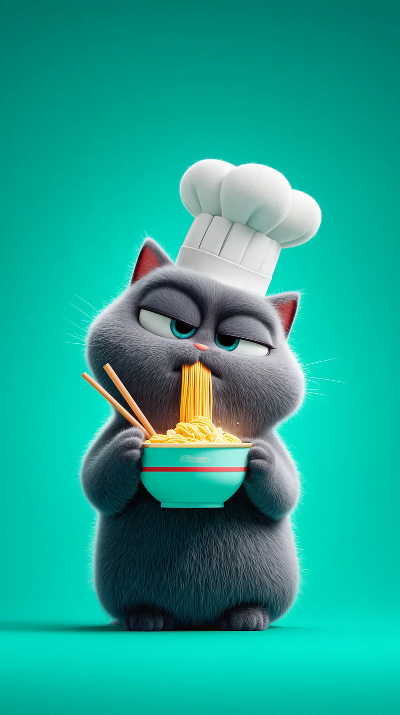 Funny Cat Eating Noodles Chef Hat Teal 4K Phone Wallpaper Wallpaper | Picmaze