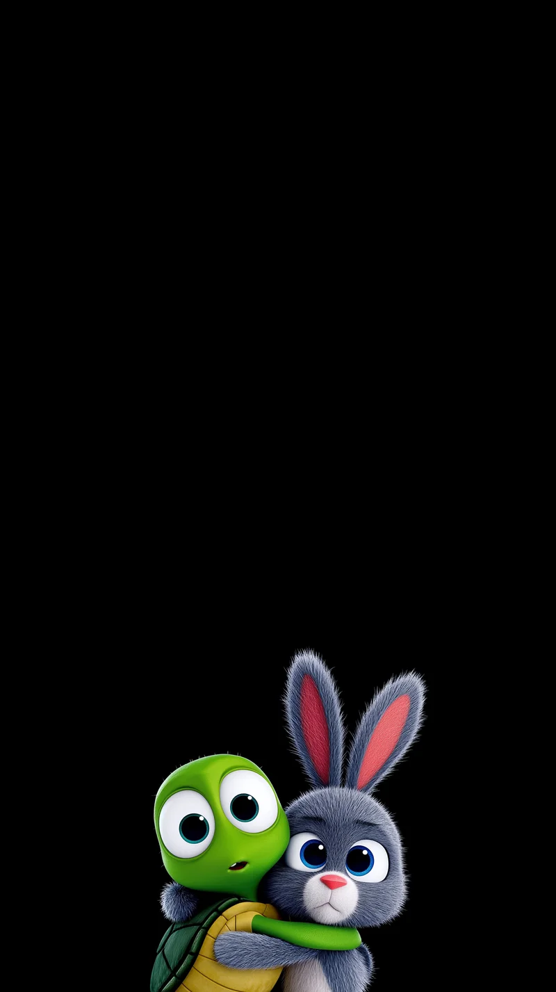 Cute Bunny Hugging Turtle Minimal Black Wallpaper 4K - 3D Wallpaper mobile Wallpaper | Picmaze
