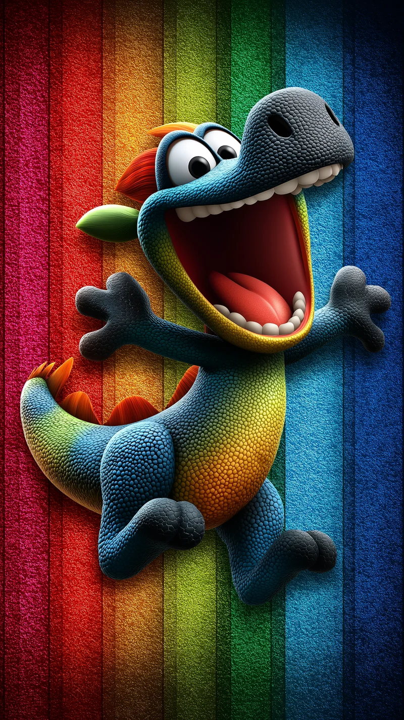 Excited Rainbow Dinosaur Wallpaper in Vibrant Cartoon Style - Fantasy Wallpaper mobile Wallpaper | Picmaze