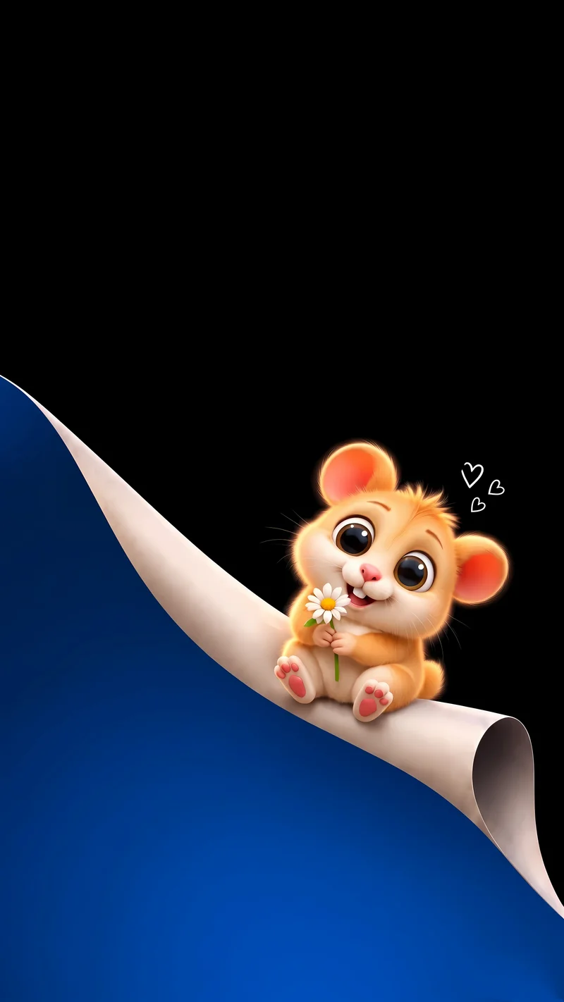 Cute Cartoon Hamster Holding Daisy on Curved Paper 4K Wallpaper