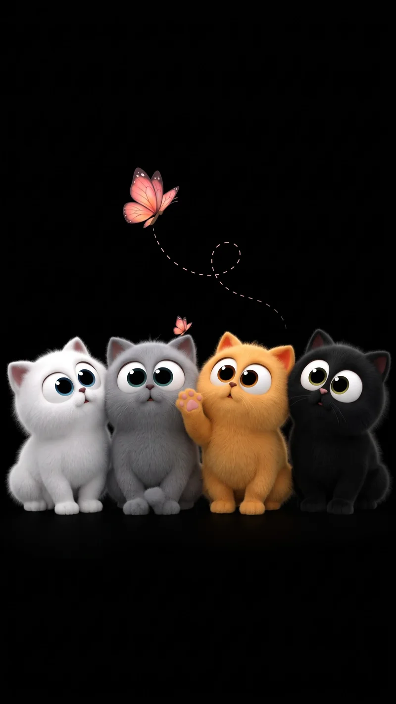 Four Fluffy Kittens Chasing a Butterfly 4K Minimalist Wallpaper - Cute kitten wallpapers mobile Wallpaper | Picmaze