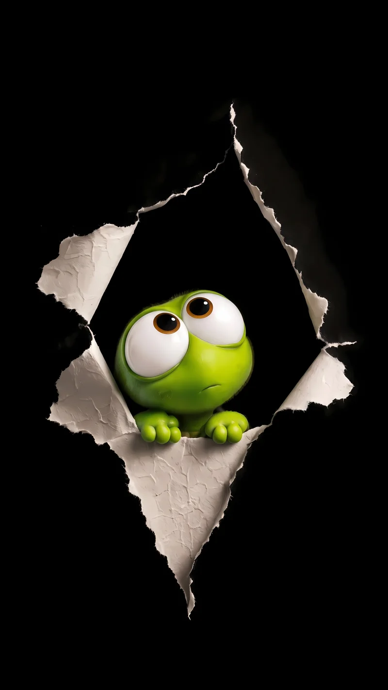 Cute Green Creature Peeking Through Torn Paper AMOLED Wallpaper 4K - Turtle mobile Wallpaper | Picmaze