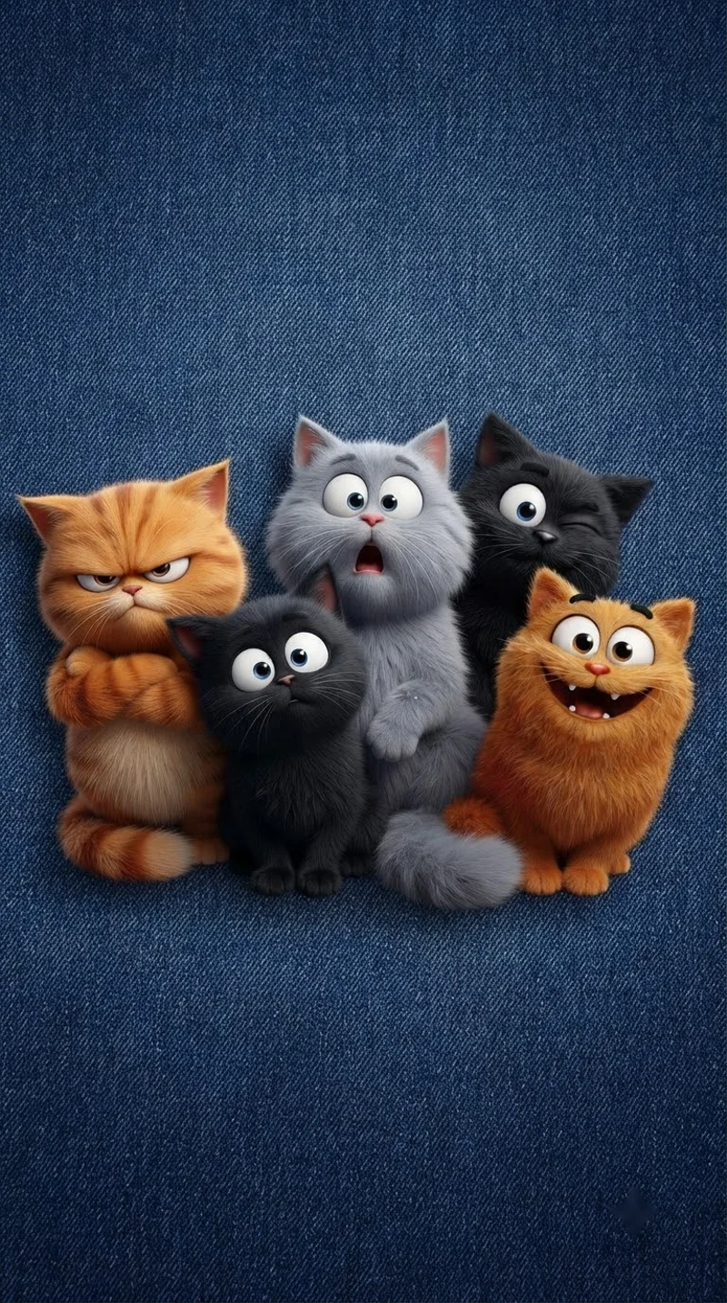 Five Funny Animated Cats Denim Blue 4K Phone Wallpaper - Cat Wallpapers mobile Wallpaper | Picmaze