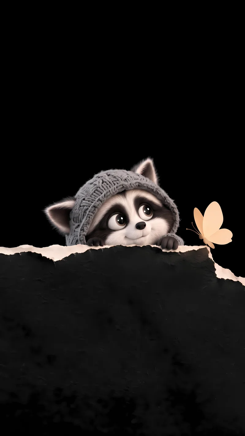 Curious Raccoon Peeking Knit Hat AMOLED 4K Phone Wallpaper - Cute Raccoon wallpapers mobile Wallpaper | Picmaze