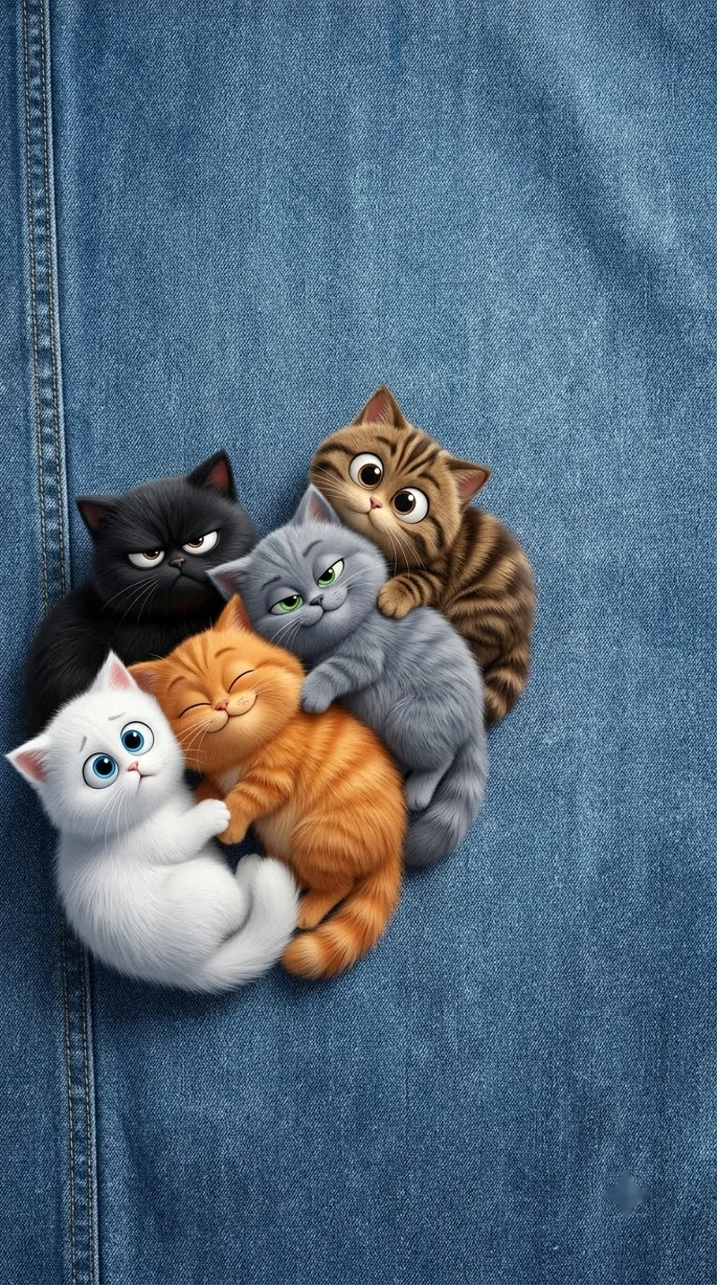 Five Cuddling Kittens Denim Texture Blue 4K Phone Wallpaper - Cat Wallpapers mobile Wallpaper | Picmaze