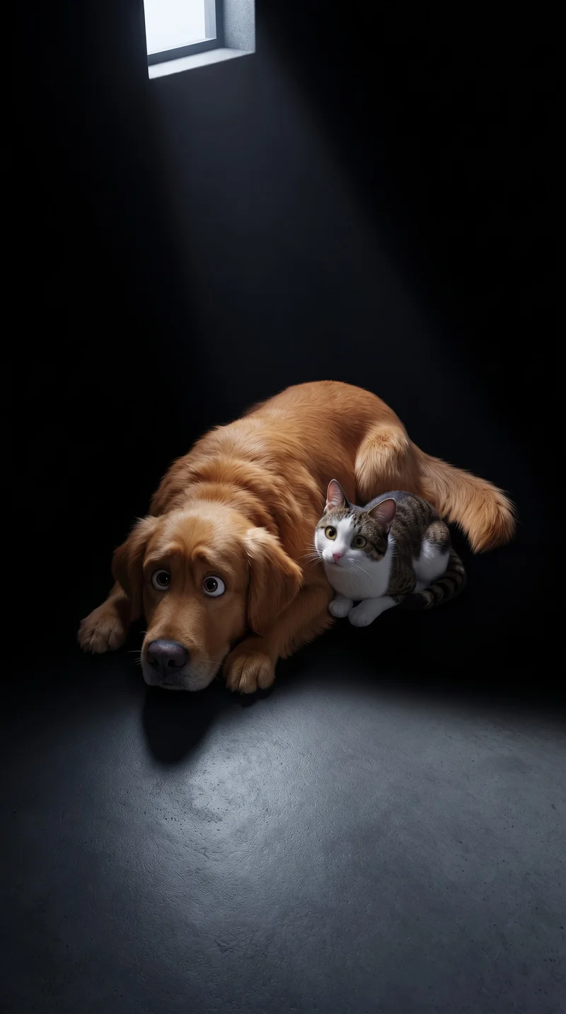 Golden Retriever and Tabby Cat Spotlight Duo - cat & dog wallpapers mobile Wallpaper | Picmaze