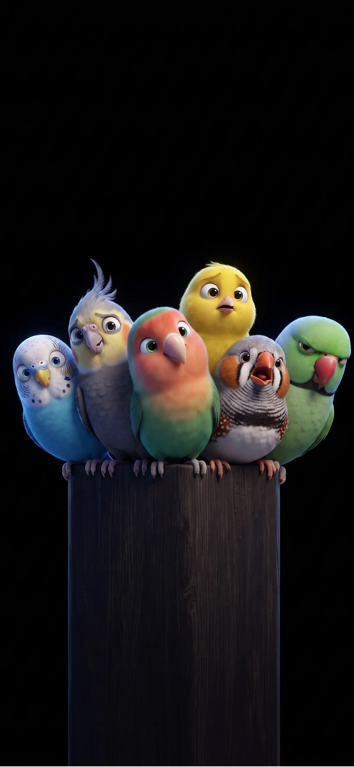 Gathering of Colorful Cartoon Birds on Wooden Post 4K Wallpaper wallpaper - ios wallpapers | Picmaze