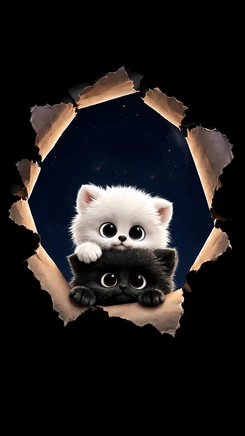 Two Fluffy Cats Peeking Through Torn Paper AMOLED Phone Wallpaper - Cat Wallpapers mobile Wallpaper | Picmaze