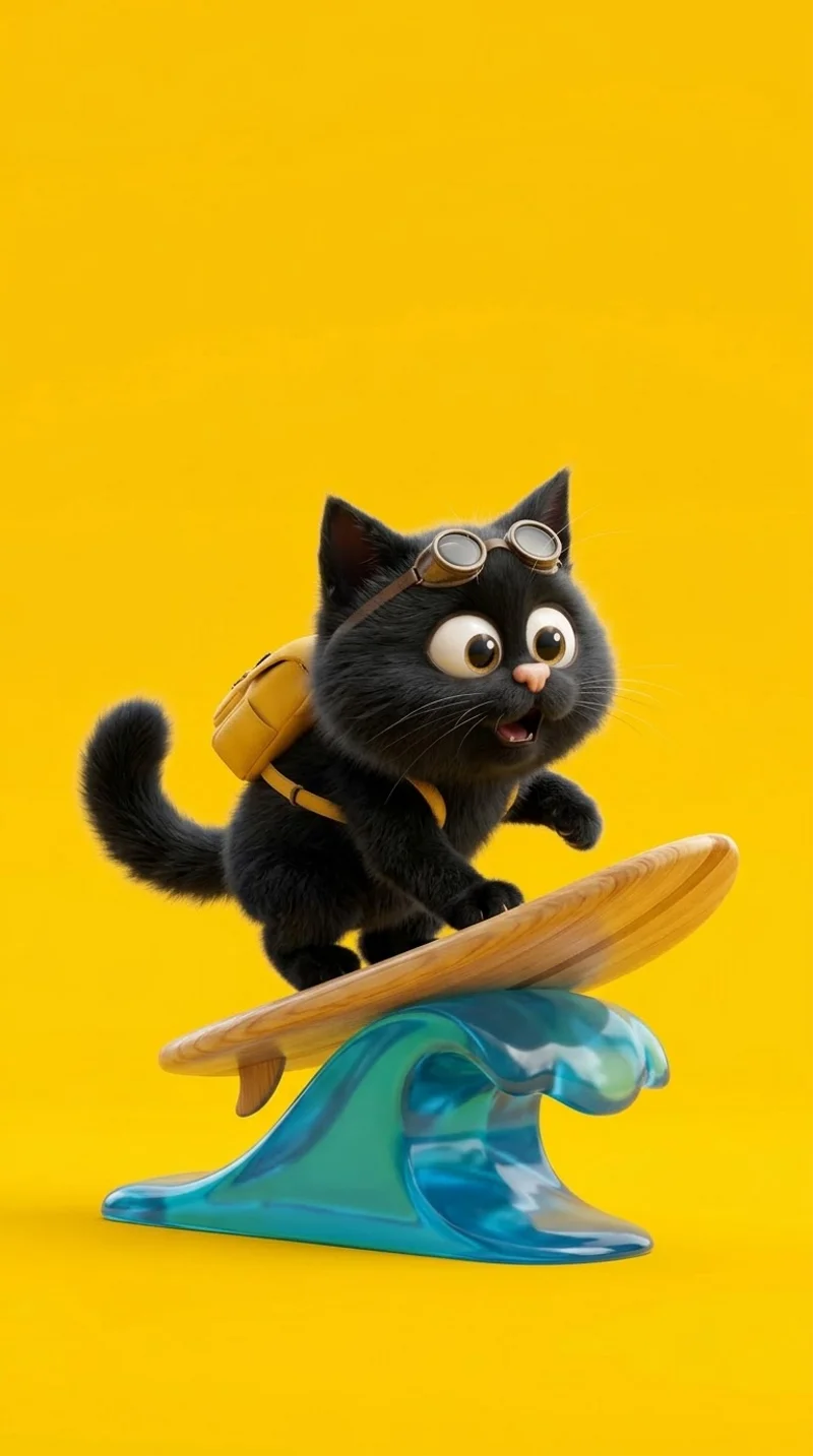 Black Cat Surfing Yellow Background 4K Phone Wallpaper - Cat Wallpapers mobile Wallpaper | Picmaze