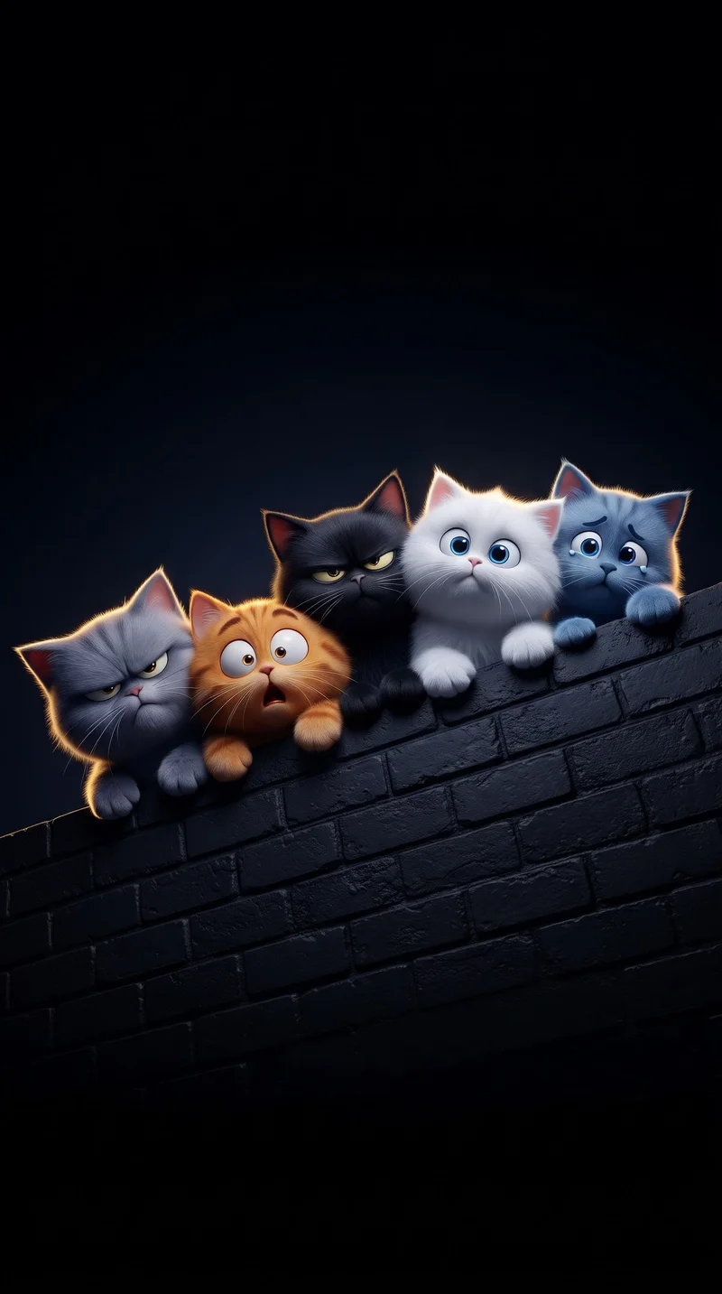Five Cartoon Cats Peeking Over Brick Wall 4K AMOLED Phone Wallpaper Wallpaper | Picmaze
