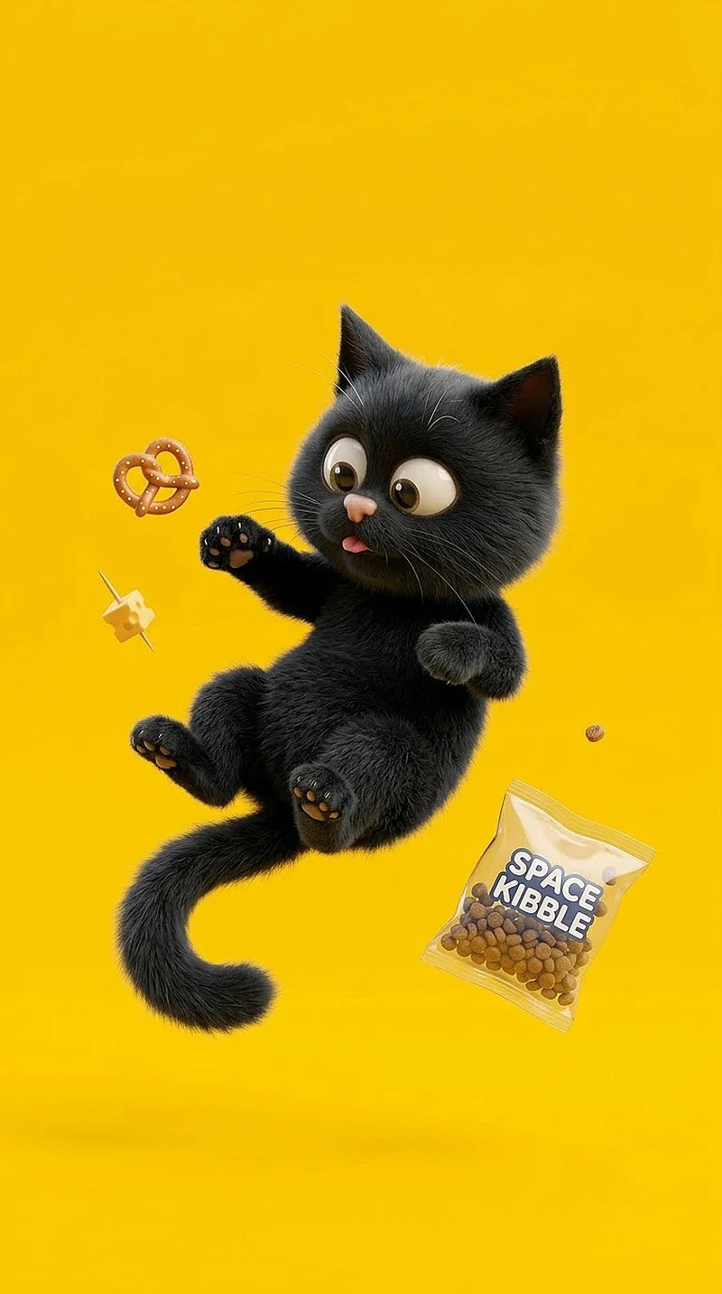Floating Black Kitten With Space Snacks Yellow 4K Phone Wallpaper Wallpaper | Picmaze