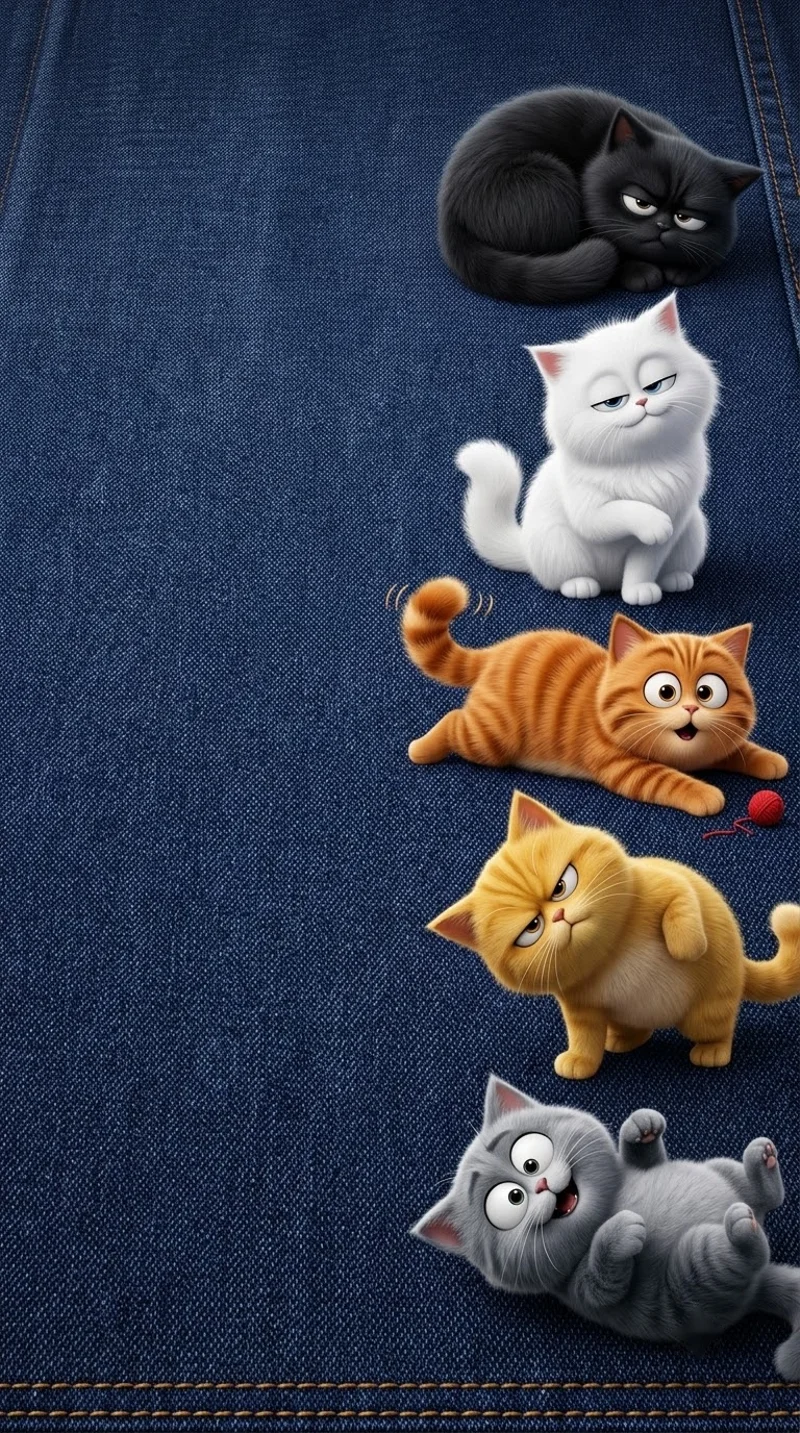 Five Cartoon Cats Denim Texture Blue 4K Phone Wallpaper - Cat Wallpapers mobile Wallpaper | Picmaze