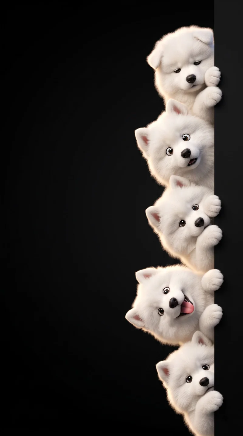 Five Fluffy White Samoyed Puppies Peek from Dark Border - Dogs wallpaper mobile Wallpaper | Picmaze
