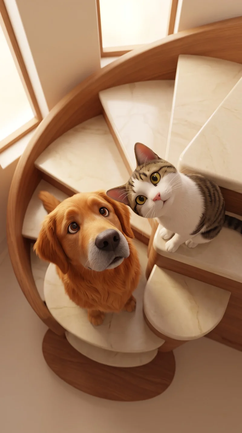 Staircase Friends Golden Retriever and Tabby Cat 4K Wallpaper - cat & dog wallpapers mobile Wallpaper | Picmaze