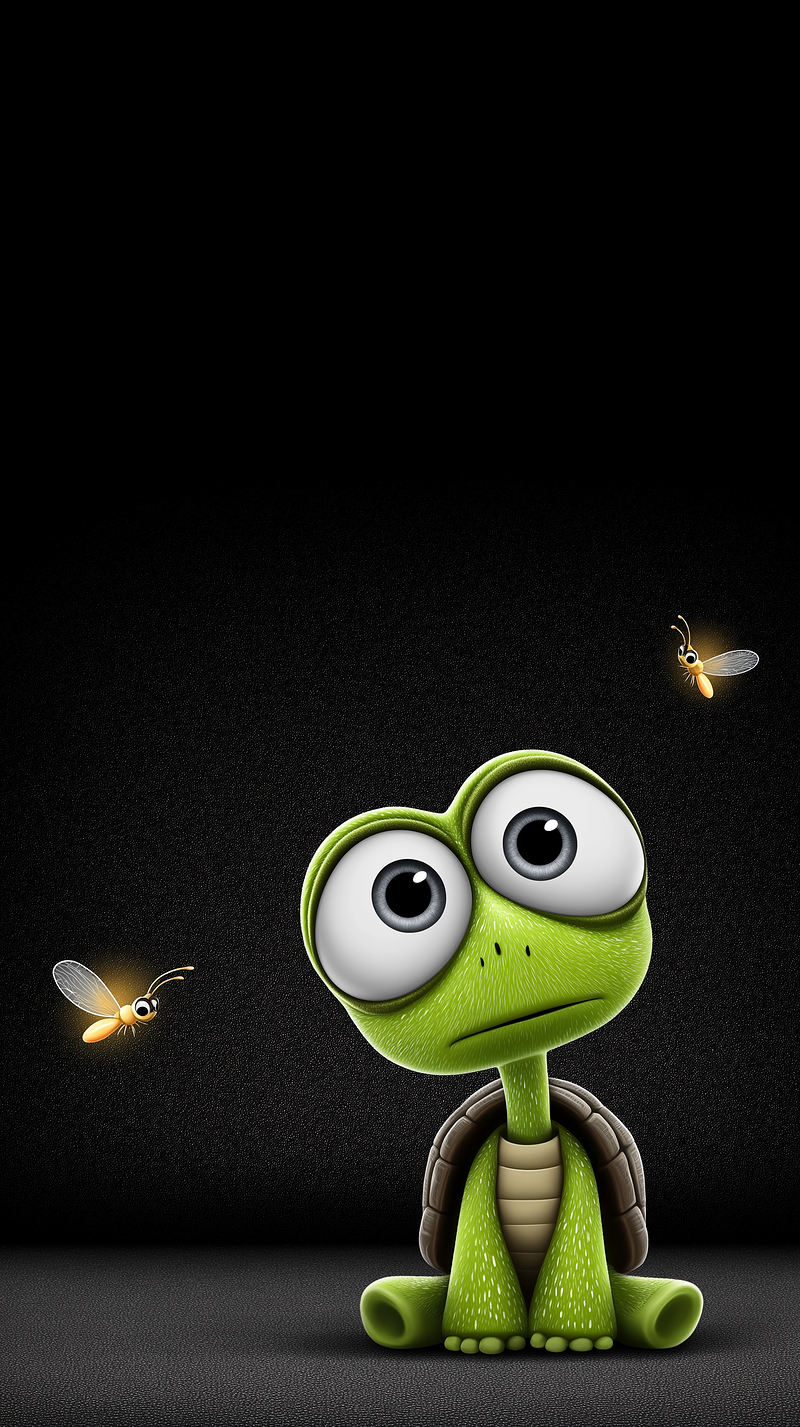 Cute Cartoon Turtle Android Wallpaper – Big Eyes Baby Turtle Fireflies Dark Background - Turtle mobile Wallpaper | Picmaze