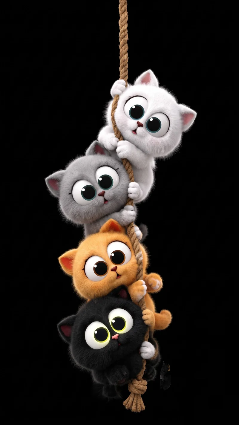 Four Fluffy Kittens Climbing Rope 3D Character Art Wallpaper - Cute kitten wallpapers mobile Wallpaper | Picmaze