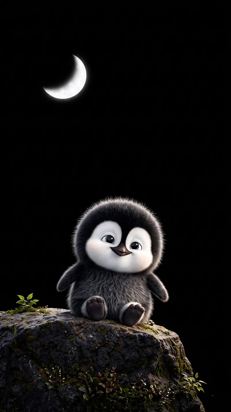 Baby Penguin Under Crescent Moon AMOLED 4K Phone Wallpaper - Penguin Wallpapers mobile Wallpaper | Picmaze