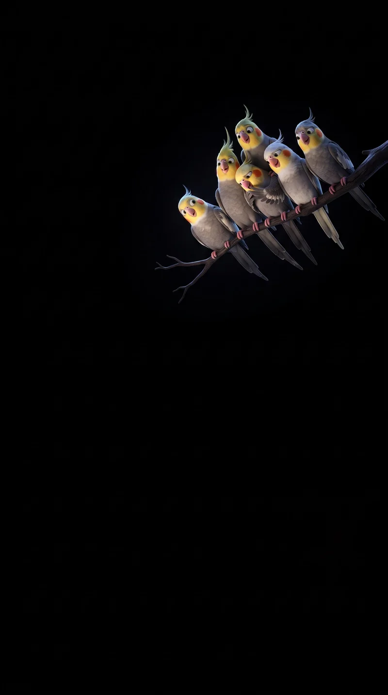 Playful 3D Cockatiels on Branch Dark AMOLED Wallpaper
