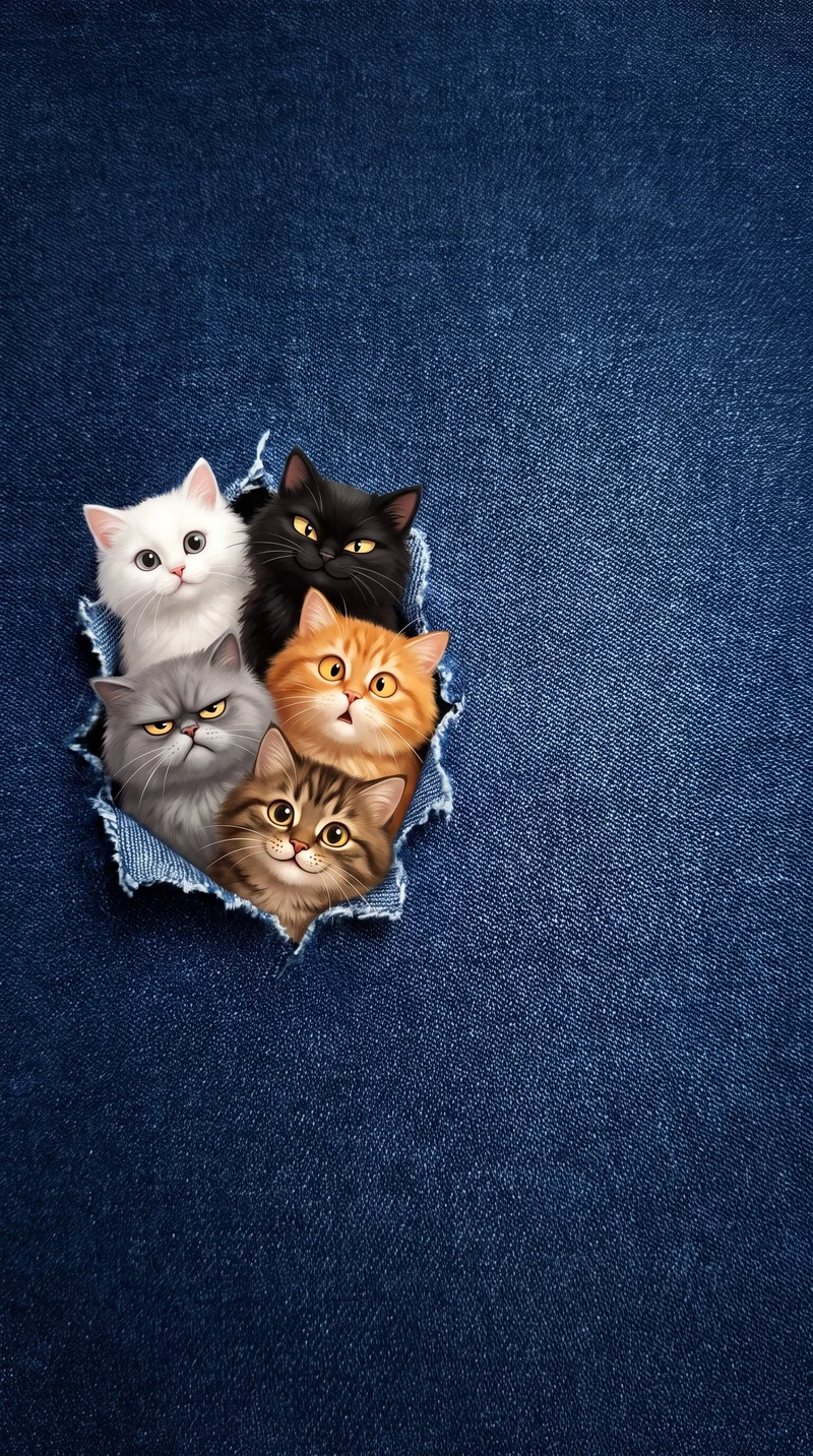 Five Fluffy Cats Peeking Through Denim Ripped Blue 4K Phone Wallpaper - Cat Wallpapers mobile Wallpaper | Picmaze
