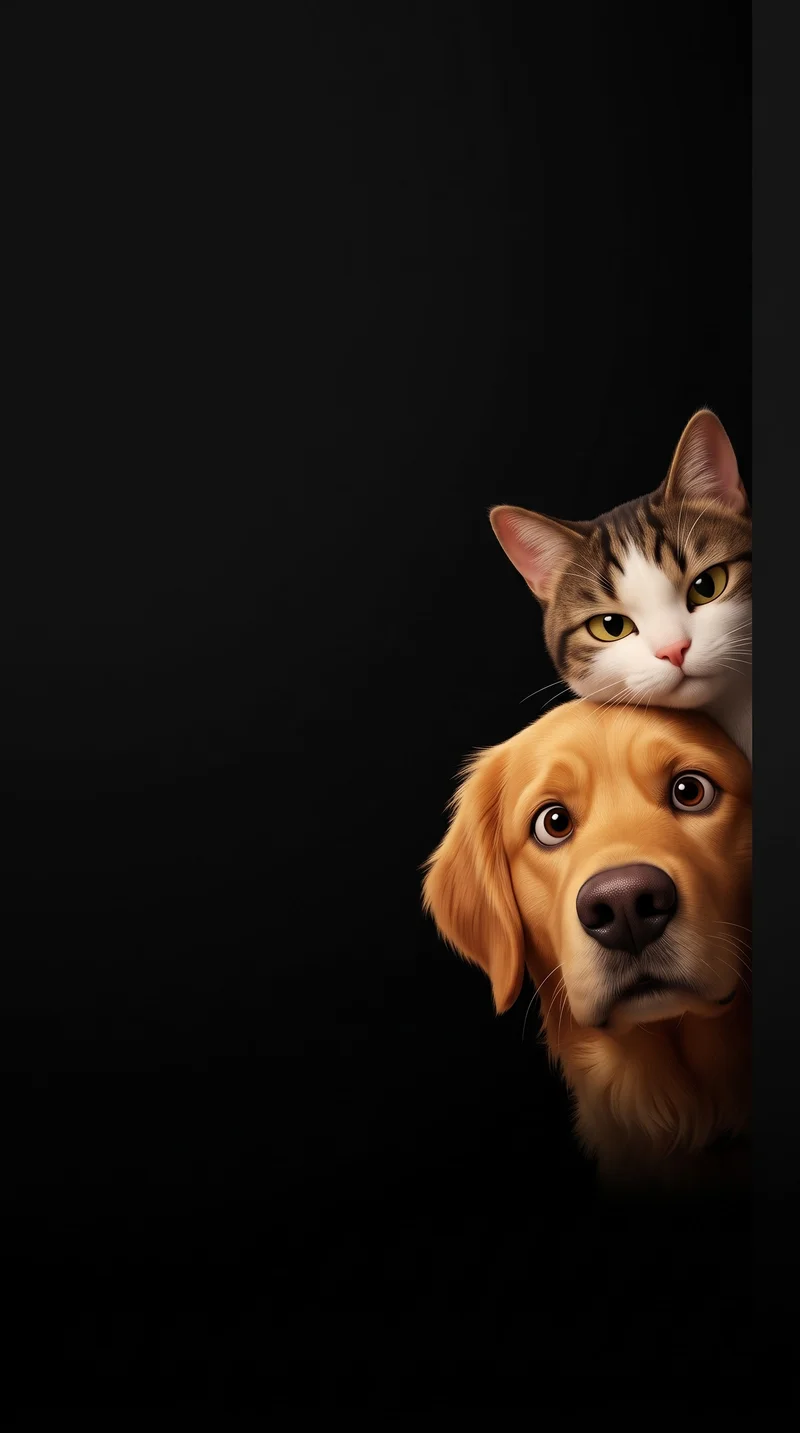 Peekaboo Cat and Golden Retriever Minimalist Dark 4K Wallpaper - cat & dog wallpapers mobile Wallpaper | Picmaze