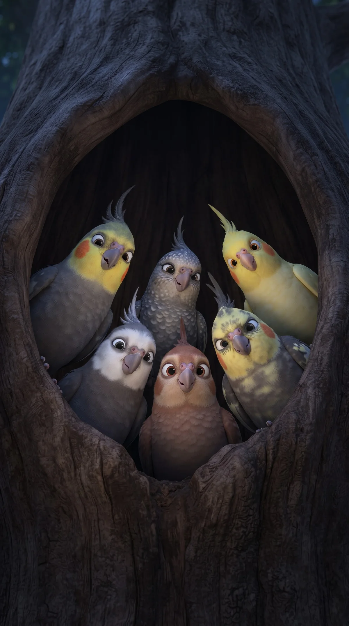 Cute Animated Cockatiels in Tree Hollow 4K Wallpaper wallpaper - Bird Wallpapers | Picmaze