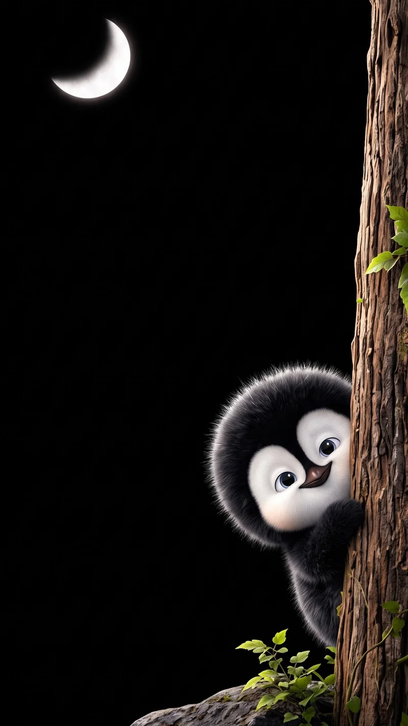 Curious Baby Penguin Night Tree Dark AMOLED Phone Wallpaper - Penguin Wallpapers mobile Wallpaper | Picmaze