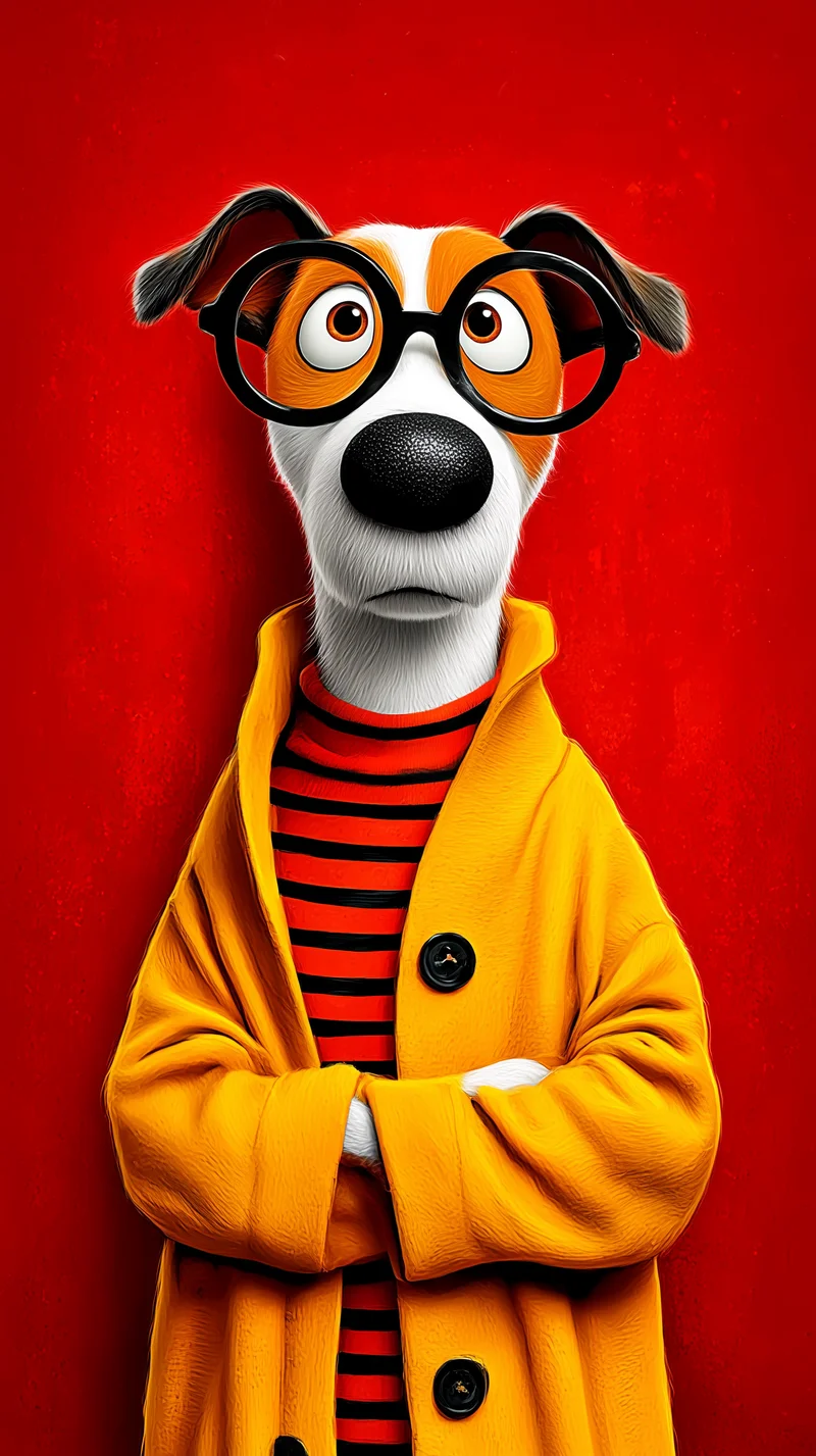 Dog Wearing Round Glasses Yellow Coat Red Background 4K Phone Wallpaper - Dogs wallpaper mobile Wallpaper | Picmaze
