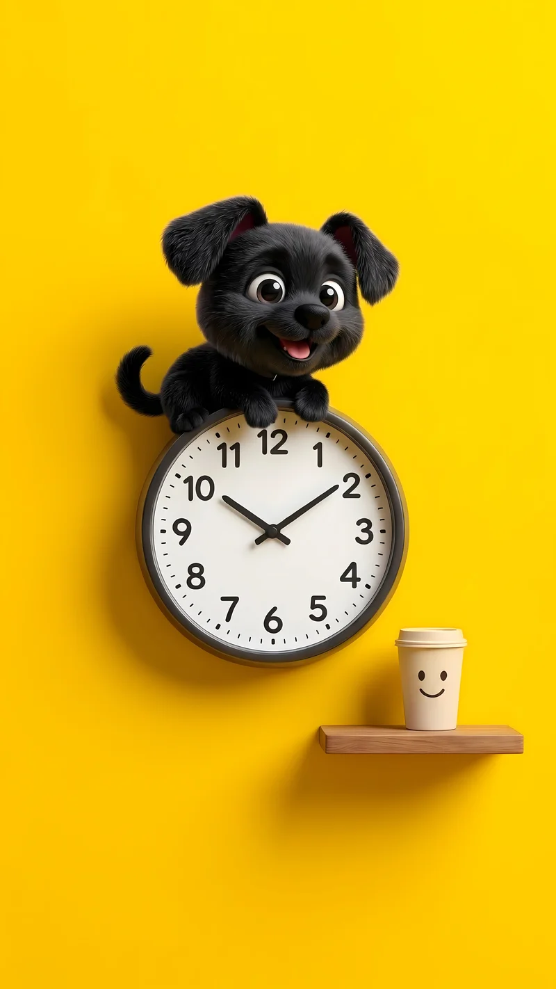 Black Puppy Clock Yellow Background 4K Phone Wallpaper - cute puppies wallpaper mobile Wallpaper | Picmaze