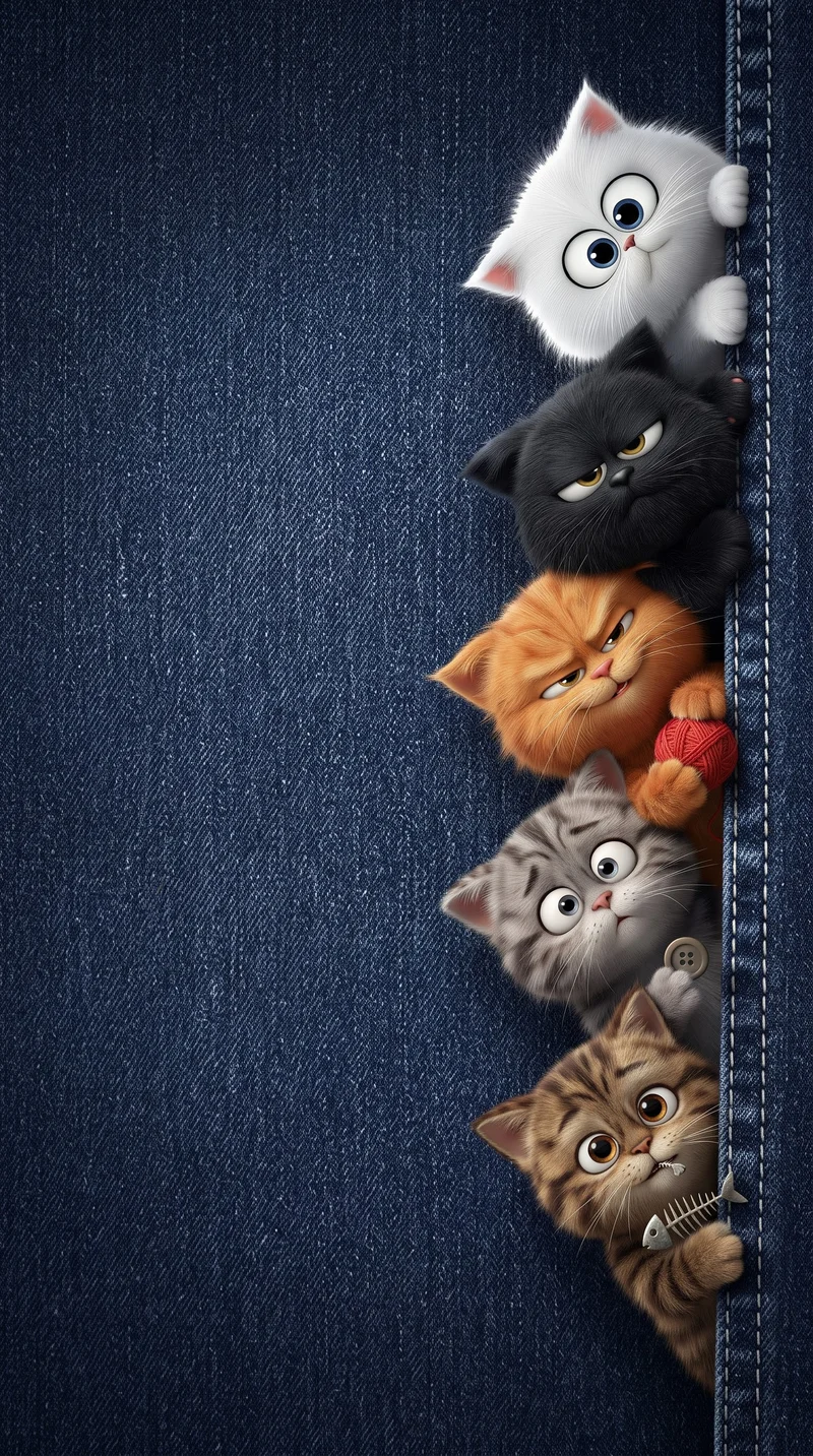 Five Fluffy Cats Denim Pocket Cute 4K Phone Wallpaper - Cat Wallpapers mobile Wallpaper | Picmaze