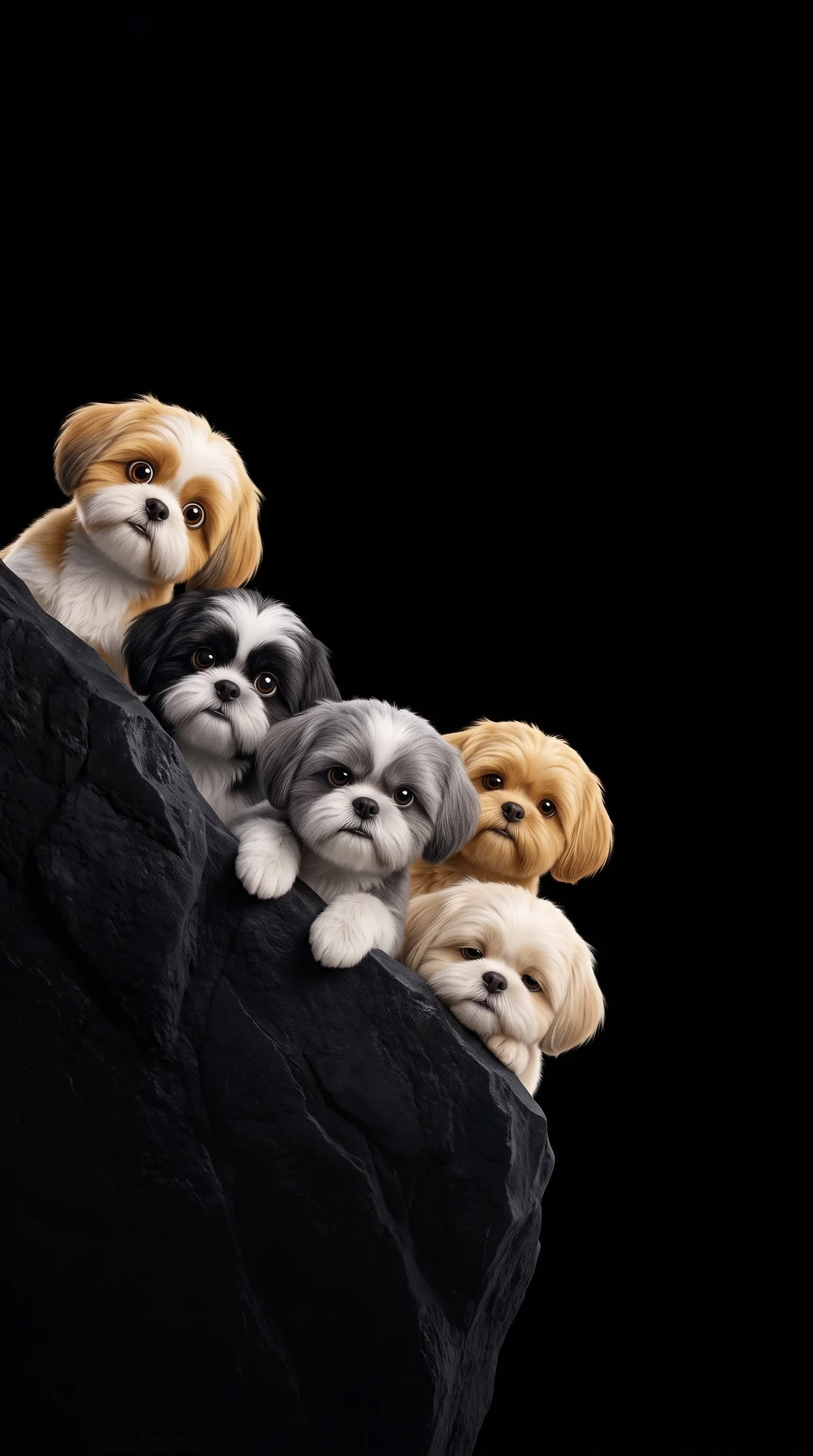 Five Fluffy Shih Tzu Puppies Peeking Over a Rocky Ledge wallpaper - Dogs wallpaper | Picmaze