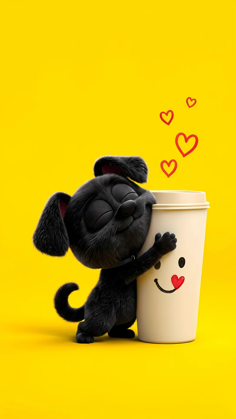Black Puppy Hugging Coffee Cup Bright Yellow 4K Phone Wallpaper - cute puppies wallpaper mobile Wallpaper | Picmaze