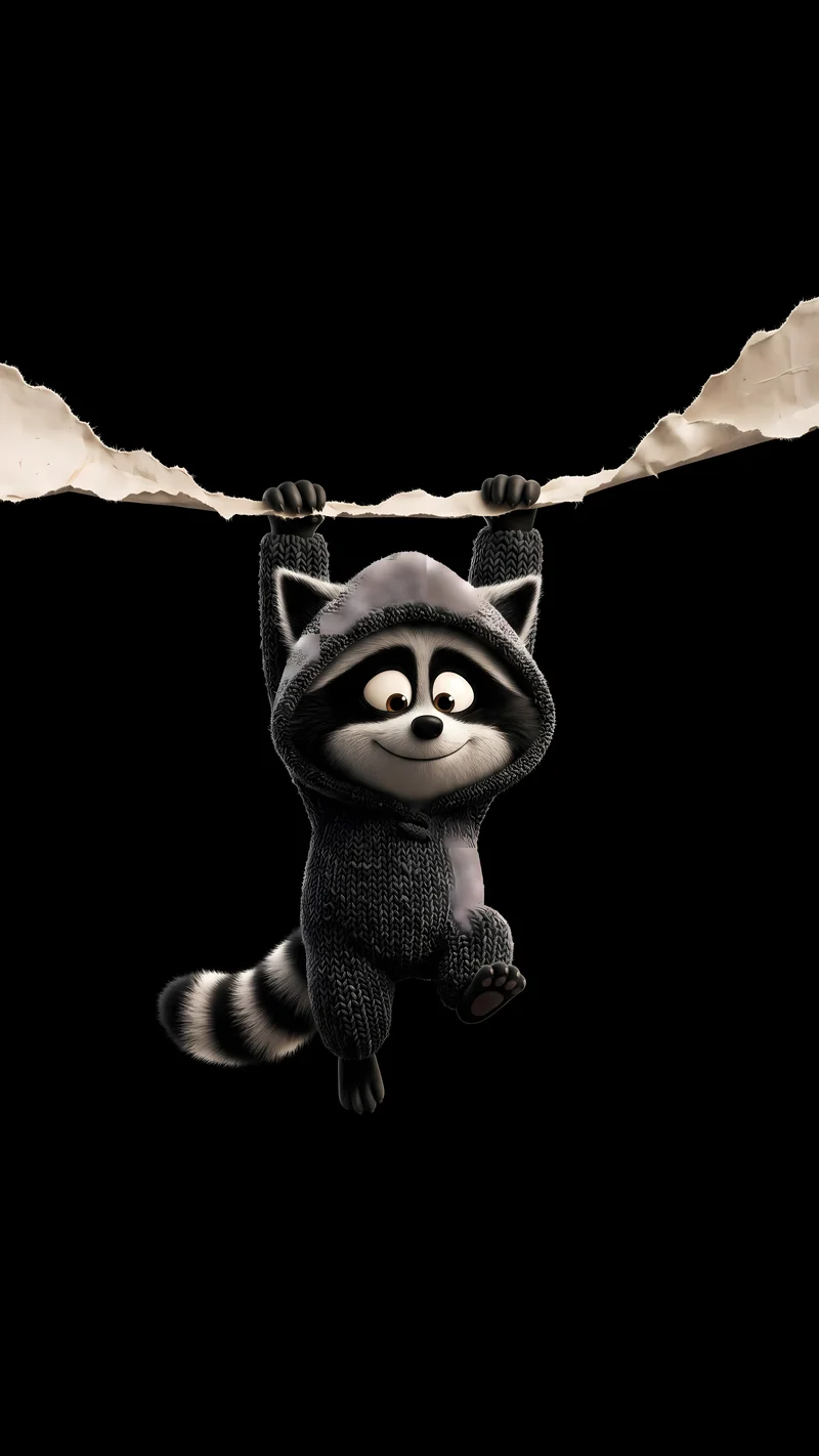 Hanging Raccoon Knit Hoodie Dark AMOLED Phone Wallpaper - Cute Raccoon wallpapers mobile Wallpaper | Picmaze