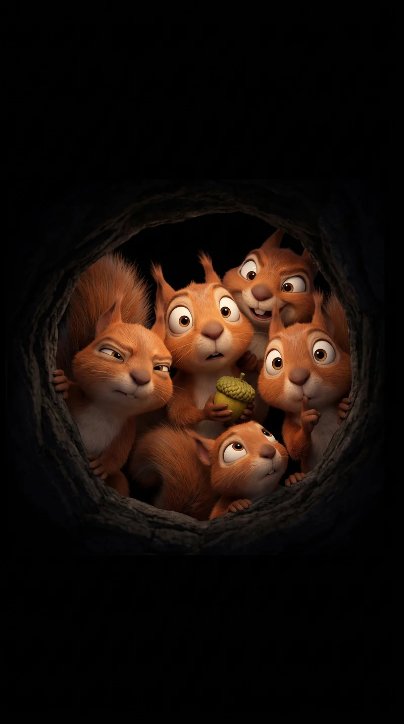 Cute Cartoon Squirrels Looking Out Tree Hollow 4K AMOLED Phone Wallpaper Wallpaper | Picmaze