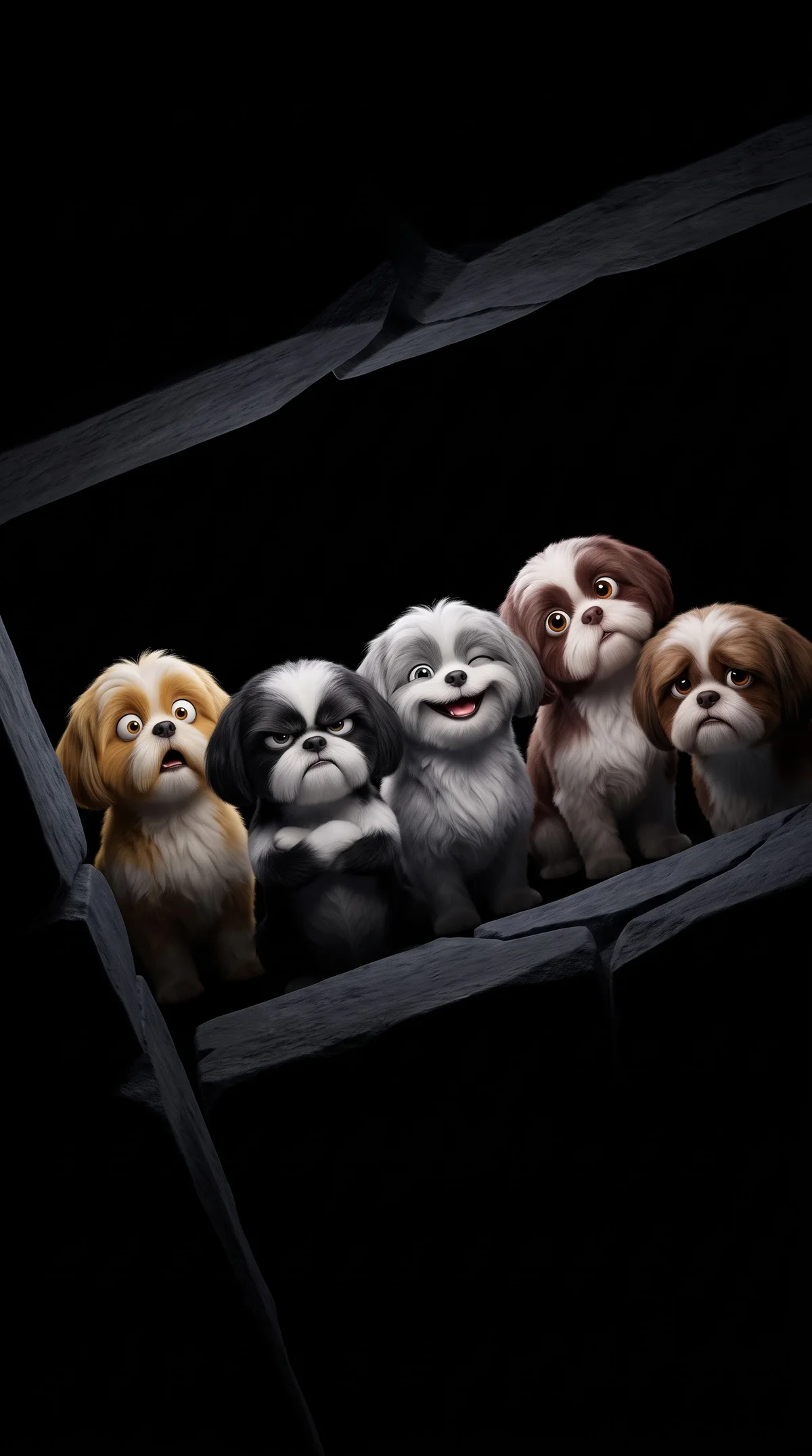 Five Expressive Shih Tzu Puppies in Dark Cinematic Aperture wallpaper - Dogs wallpaper | Picmaze