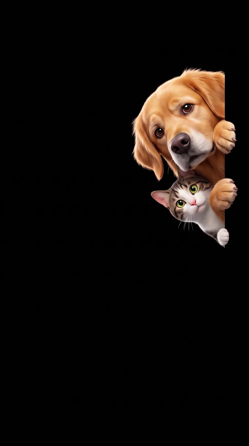 Golden Retriever and Tabby Cat Peeking from Black Space - cat & dog wallpapers mobile Wallpaper | Picmaze
